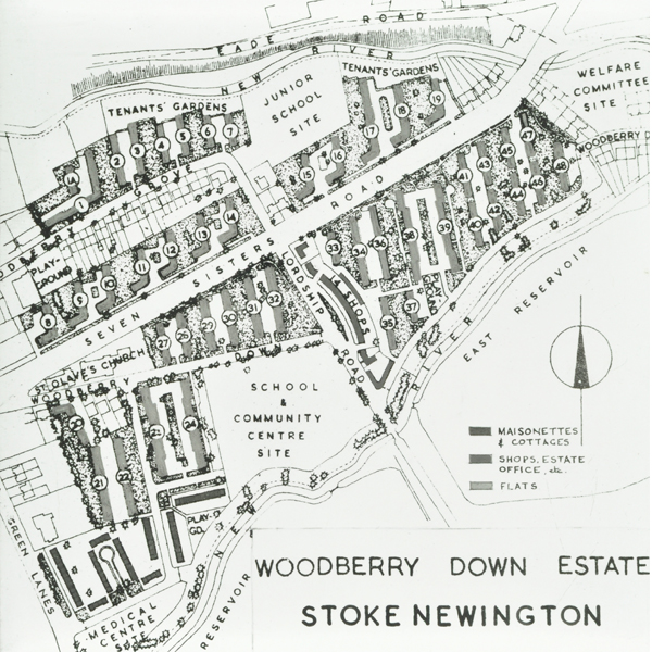 Map of the Woodberry Down estate, showing the main roads, housing blocks and two reservoirs.